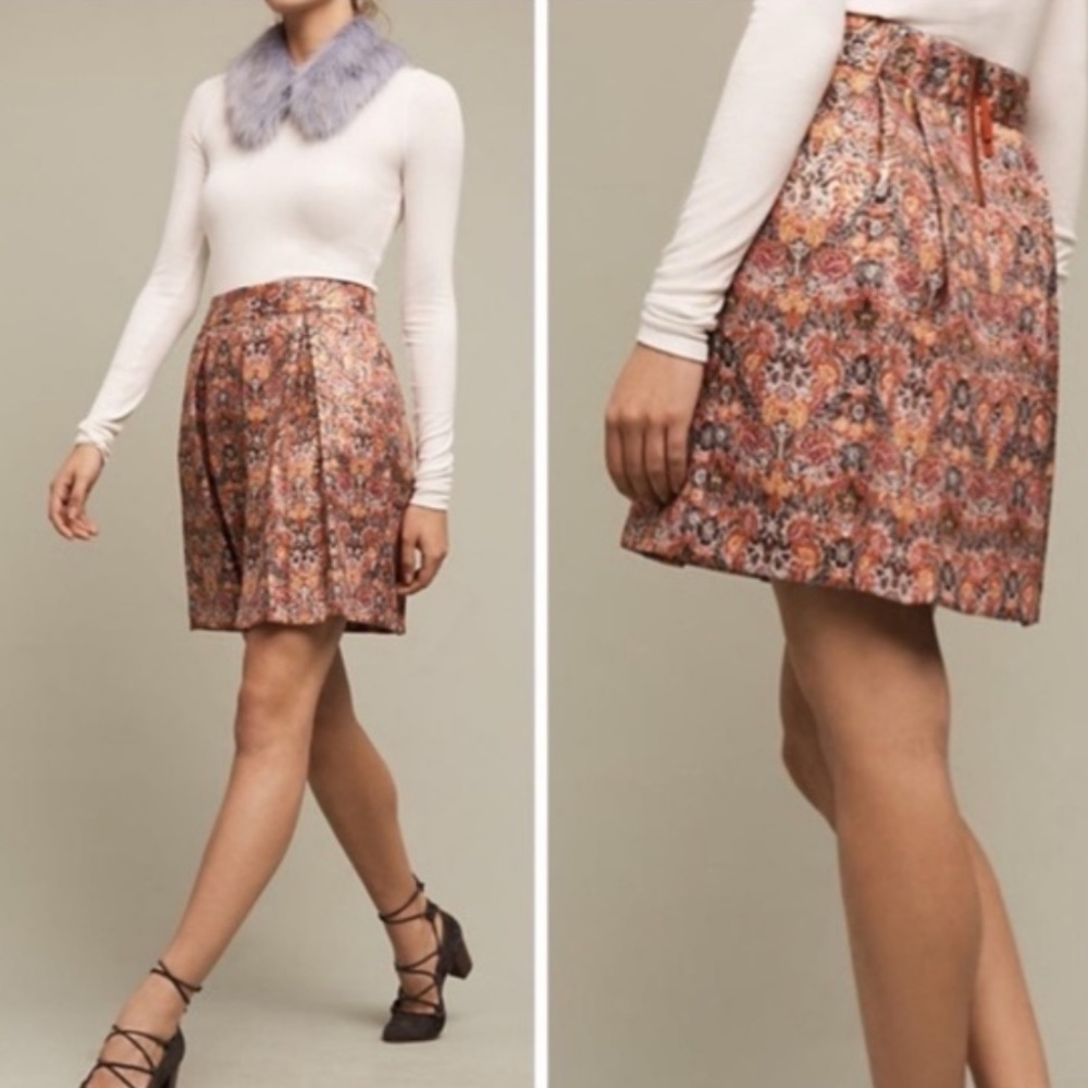 Anthropologie Maeve Rosia Metallic Box Pleat Floral Skirt